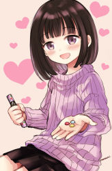 Rule 34 | 1girl, :d, aged down, black hair, black skirt, blush, candy, child, commentary, cowboy shot, dated commentary, food, heart, heart background, himawari-san, himawari-san (character), incoming food, looking at viewer, medium hair, open mouth, pleated skirt, purple eyes, purple sweater, ribbed sweater, signature, sitting, skirt, smile, solo, sugano manami, sweater, valentine