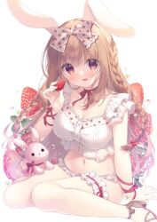 Rule 34 | 1girl, :d, animal ears, arm support, bow, braid, breasts, brown eyes, brown footwear, brown hair, choker, cleavage, collarbone, commentary request, food, food print, fruit, hair bow, high heels, holding, holding food, long hair, medium breasts, navel, open mouth, original, print bow, rabbit ears, red choker, sandals, simple background, sitting, smile, solo, strawberry, strawberry print, stuffed animal, stuffed rabbit, stuffed toy, twin braids, very long hair, wariza, white background, yukie (peach candy)