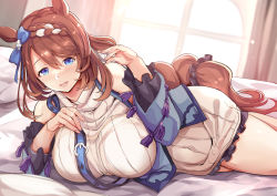 Rule 34 | 1girl, animal ears, bare shoulders, blue bow, blue eyes, blush, bow, braid, breasts, brown hair, detached sleeves, dress, hair bow, hair ornament, himuro shunsuke, horse ears, horse girl, indoors, large breasts, long hair, looking at viewer, open mouth, smile, solo, super creek (umamusume), sweater, sweater dress, umamusume, window