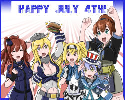 Rule 34 | 5girls, admiral paru, anchor, black shirt, blonde hair, blue dress, blue eyes, blue hair, blue shirt, breast pocket, breasts, brown hair, burger, buttons, collared shirt, commentary, double bun, dress, elbow gloves, closed eyes, fingerless gloves, flight deck, food, front-tie top, gambier bay (kancolle), garter straps, gloves, green eyes, green skirt, hair between eyes, hairband, hat, headgear, highres, intrepid (kancolle), iowa (kancolle), kantai collection, large breasts, long hair, long sleeves, looking at viewer, miniskirt, multicolored clothes, multicolored gloves, multiple girls, neckerchief, open mouth, pleated skirt, pocket, ponytail, sailor collar, samuel b. roberts (kancolle), saratoga (kancolle), school uniform, serafuku, shirt, short hair, short sleeves, shorts, side ponytail, sidelocks, skirt, smile, smokestack, star-shaped pupils, star (symbol), striped, symbol-shaped pupils, top hat, twintails, vertical stripes, whale