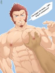 Rule 34 | 2boys, abs, bara, blue eyes, blush, brown hair, commission, completely nude, couple, cross scar, english text, facial hair, fate/grand order, fate (series), goatee, grabbing, groping, iskandar (fate), kaido (62145659), large pectorals, long sideburns, looking at viewer, lying, male focus, male pubic hair, mature male, multiple boys, muscular, muscular male, napoleon bonaparte (fate), navel, navel hair, nipples, nude, on back, pectoral focus, pectoral grab, pectorals, pov, pubic hair, scar, scar on chest, short hair, sideburns, solo focus, stomach, yaoi