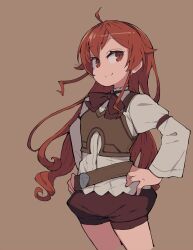 Rule 34 | 1girl, ahoge, brown background, brown shorts, cropped legs, eris greyrat, hairband, hands on own hips, long hair, long sleeves, looking at viewer, mushoku tensei, red eyes, red hair, shimazaki1152, shorts, simple background, solo, very long hair