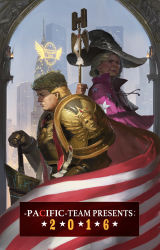 Rule 34 | 10s, 2016, american flag, armor, blonde hair, building, cape, character name, closed mouth, cosplay, dated, donald trump, ea (fate/stay night), emperor of mankind, emperor of mankind (cosplay), flag, games workshop, gauntlets, gold, gold armor, hat, highres, hillary clinton, holding, holding weapon, jeanex, laurel crown, laurels, ornate, ornate armor, pauldrons, polearm, politician, power armor, power suit, profile, real life, realistic, short hair, shoulder armor, shoulder pads, sky, skyscraper, staff, striped, torch, united states, warhammer, warhammer 40k, weapon, wings, witch, witch hat, wreath, yellow armor, yellow wings