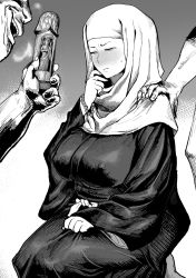 Rule 34 | 1girl, 2boys, bracelet, breasts, commentary request, covered erect nipples, dildo, greyscale, habit, half-closed eyes, hand on another&#039;s shoulder, hetero, highres, huge breasts, ichiren takushou, japanese clothes, jewelry, monochrome, multiple boys, nun, original, pearl bracelet, sash, seiza, sex toy, sitting, solo focus