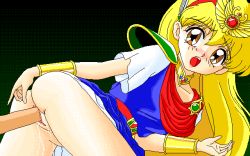 Rule 34 | 1990s (style), 1girl, akazukin chacha, aliasing, belt, blonde hair, blue dress, blush, bottomless, bracelet, brooch, brown eyes, collar, dithering, doggystyle, dress, gradient background, green background, jewelry, leaning forward, long hair, looking at viewer, magical princess, no panties, penis, pussy juice, pussy juice trail, retro artstyle, sex, sex from behind, short dress, short sleeves, simple background, tagme, uncensored, vaginal, winged hair ornament