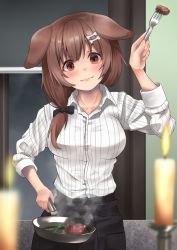 Rule 34 | 1girl, :3, alternate costume, animal ears, apron, bare shoulders, black apron, blurry, blush, bone hair ornament, breasts, brown eyes, brown hair, candle, censored, censored food, closed mouth, collared shirt, commentary request, cowboy shot, depth of field, dog ears, dog girl, dress shirt, empty eyes, fork, frying pan, hair ornament, hair over shoulder, hairclip, highres, holding, holding fork, holding frying pan, hololive, inugami korone, large breasts, long hair, long sleeves, micon, shirt, smile, solo, striped clothes, striped shirt, vertical-striped clothes, vertical-striped shirt, virtual youtuber, waist apron, white shirt, yandere