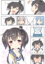 Rule 34 | 10s, 3girls, :3, :d, ?, ^^^, akiomoi, amatsukaze (kancolle), anchor, anchor symbol, black hair, blue eyes, blue hair, blush, brown eyes, comic, dress, grey hair, hair tubes, hairband, hatsukaze (kancolle), jewelry, kantai collection, long hair, looking at viewer, looking to the side, multicolored hair, multiple girls, musical note, open mouth, pointing, pointing at self, quaver, ring, sailor dress, school uniform, seamed legwear, serafuku, short hair, short hair with long locks, side-seamed legwear, simple background, smile, sparkle, spoken musical note, spoken question mark, surprised, tokitsukaze (kancolle), wedding band, white background