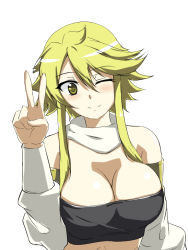 Rule 34 | 10s, 1girl, akame ga kill!, bare shoulders, blonde hair, blush, breasts, cleavage, detached sleeves, karo-chan, large breasts, leone (akame ga kill!), long hair, one eye closed, scarf, short hair, smile, solo, square enix, stitched, strapless, third-party edit, tube top, v, wink, yellow eyes
