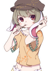 Rule 34 | 1girl, absurdres, animal ears, blonde hair, blush stickers, brown hat, cabbie hat, closed mouth, floppy ears, hat, highres, holding, holding skewer, kame (kamepan44231), navel, one-hour drawing challenge, orange shirt, rabbit ears, red eyes, ringo (touhou), shirt, short hair, short sleeves, simple background, skewer, solo, touhou, upper body, white background
