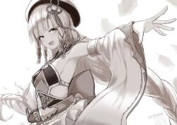 Rule 34 | 1girl, armlet, backless dress, backless outfit, bare shoulders, belt, beret, blunt bangs, blush, braid, breasts, detached sleeves, dress, erune, eyeliner, granblue fantasy, greyscale, hat, highres, long hair, looking at viewer, makeup, monochrome, nosuku, open mouth, outstretched arm, pholia, short eyebrows, side braids, skirt, small breasts, smile, solo, very long hair, wide sleeves