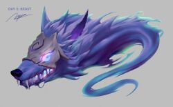 Rule 34 | english text, from side, glowing, glowing eyes, grey background, highres, kim ngoc, kindred (league of legends), league of legends, mask, no humans, open mouth, purple eyes, sharp teeth, signature, simple background, solo, spirit, teeth, wolf (league of legends)