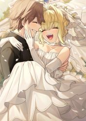 Rule 34 | 1boy, 1girl, :d, ^ ^, ahoge, arm around shoulder, bare shoulders, black jacket, blonde hair, blush, breasts, bridal veil, brown hair, carrying, cleavage, closed eyes, collarbone, commentary request, day, dress, elbow gloves, fate/extra, fate/extra ccc, fate (series), flower, formal, gloves, hair between eyes, hair intakes, jacket, karokuchitose, kishinami hakuno (male), medium breasts, nero claudius (bride) (fate), nero claudius (fate), nero claudius (fate) (all), nero claudius (fate/extra), open mouth, outdoors, princess carry, profile, smile, strapless, strapless dress, suit, teeth, upper teeth only, veil, wedding dress, white flower, white gloves