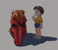 Rule 34 | 1boy, 1girl, aged down, artist request, black hair, bodysuit, brown hair, child, cowboy shot, fetal position, full body, hair ornament, highres, ikari shinji, long hair, looking at another, neon genesis evangelion, pilot suit, plugsuit, red bodysuit, shadow, shiny clothes, shiny skin, short hair, shorts, simple background, skin tight, souryuu asuka langley, wide hips