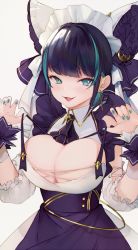 Rule 34 | 1girl, aqua eyes, aqua hair, aqua nails, azur lane, blue hair, blush, bow, breasts, cheshire (azur lane), cleavage, cleavage cutout, clothing cutout, commentary, cowboy shot, dress, earrings, english commentary, fang, grey background, hair bow, jewelry, large breasts, looking at viewer, maid headdress, multicolored hair, nail polish, nido celisius, open mouth, paw pose, purple dress, short hair, simple background, smile, solo, streaked hair, two-tone hair, wing collar, wrist cuffs