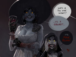 Rule 34 | 2girls, alcina dimitrescu, black hair, blood, blood stain, breasts, daniela dimitrescu, dress, english text, grin, hat, hood, jewelry, lipstick, makeup, mother and daughter, multiple girls, necklace, pale skin, resident evil, resident evil village, sharp teeth, smile, tall female, teeth, vashperado, yellow eyes