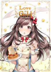 Rule 34 | 1girl, :o, animal ears, armband, blush, breasts, brown hair, cleavage, commentary request, copyright name, english text, fake animal ears, food, food on body, food on breasts, fork, frilled armband, frills, highres, holding, holding fork, holding plate, idolmaster, idolmaster shiny colors, large breasts, light blush, long hair, looking at viewer, navel, pancake, pink eyes, plate, rabbit ears, sakamuke, solo, swept bangs, tsukioka kogane, upper body, white background