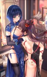 Rule 34 | 2girls, absurdres, adjusting clothes, adjusting panties, alternate costume, alternate hairstyle, arm ribbon, ass, backless dress, backless outfit, between breasts, black dress, black garter belt, black gloves, black hair, black nails, black thighhighs, blue dress, blue hair, blue panties, blurry, blurry background, blush, bracelet, breasts, brown hair, china dress, chinese clothes, closed mouth, commentary request, criss-cross halter, diagonal bangs, double bun, dress, elbow gloves, face between breasts, flower, garter belt, genshin impact, gloves, green eyes, hair bun, hair flower, hair ornament, halterneck, head between breasts, highres, hu tao (genshin impact), indoors, jewelry, kousaki natsu, large breasts, looking at another, looking away, multicolored hair, multiple girls, multiple rings, panties, red eyes, red panties, red ribbon, ribbon, ring, shrug (clothing), side-tie panties, side slit, sleeveless, sleeveless dress, small breasts, smile, symbol-shaped pupils, thighhighs, twintails, two-tone hair, underwear, yelan (genshin impact)