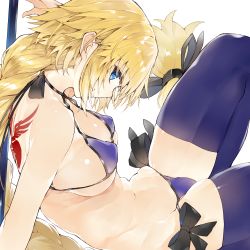Rule 34 | 1girl, absurdres, back, back tattoo, bikini, blonde hair, blue bikini, blue eyes, braid, breasts, command spell, commentary request, fate/apocrypha, fate/grand order, fate (series), from side, highres, huge filesize, jeanne d&#039;arc (fate), jeanne d&#039;arc (ruler) (fate), kou mashiro, large breasts, legs, long hair, looking at viewer, looking to the side, navel, ribbon, single braid, smile, solo, string bikini, swimsuit, tattoo, thighhighs, thighs, very long hair