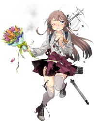 Rule 34 | 1girl, aqua necktie, blue eyes, boots, bouquet, brown hair, closed mouth, collared shirt, cross-laced footwear, flower, fujikawa, full body, grey thighhighs, holding, holding bouquet, kantai collection, kazagumo (kancolle), kazagumo kai ni (kancolle), lace-up boots, long hair, machinery, necktie, official art, one eye closed, orange flower, purple flower, purple skirt, purple tulip, purple vest, rigging, shirt, skirt, solo, thighhighs, torn clothes, torn shirt, torn skirt, torn thighhighs, torn vest, torpedo, torpedo launcher, torpedo tubes, transparent background, tulip, vest, white shirt