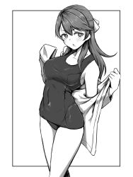 Rule 34 | 1girl, black border, blush, border, bow, brave witches, breasts, covered navel, greyscale, hair bow, highres, jacket, jacket over swimsuit, karibuchi takami, liar lawyer, long hair, looking at viewer, medium breasts, monochrome, open mouth, outside border, removing jacket, school swimsuit, sleeves past wrists, solo, swimsuit, world witches series