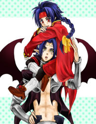 Rule 34 | 2boys, age difference, blue hair, bow, chrno crusade, chrono, demon, dual persona, hair bow, long hair, male focus, multiple boys, red eyes, square enix, wings, yellow eyes