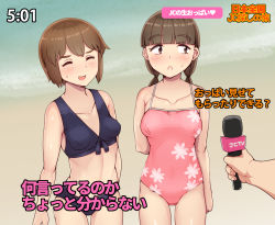 Rule 34 | 1other, 2girls, ^ ^, abubu, arm behind back, arm behind head, beach, bikini, black bikini, black footwear, blunt bangs, blush, breasts, brown eyes, brown hair, closed eyes, collarbone, covered erect nipples, cowboy shot, floral print, japanese text, long hair, microphone, multiple girls, navel, one-piece swimsuit, open mouth, original, outdoors, pink one-piece swimsuit, short hair, smile, standing, sweatdrop, swimsuit, translated, twintails