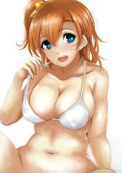 Rule 34 | 10s, 1girl, :d, bare shoulders, bikini, bikini top only, blue eyes, blush, bow, breasts, brown hair, cleavage, covered erect nipples, curvy, female focus, gradient background, hair between eyes, hair bow, hair ribbon, halterneck, highres, kosaka honoka, large breasts, looking at viewer, love live!, love live! school idol project, navel, nonoririn, one side up, open mouth, orange hair, ribbon, short hair, side ponytail, sitting, smile, solo, strap pull, swimsuit, white bikini, wide hips, yellow bow
