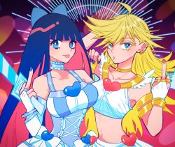 Rule 34 | 2girls, :o, blonde hair, blue bow, blue eyes, bow, breasts, choker, colored inner hair, frilled choker, frills, hair bow, hatake (hatanosuke), large breasts, long hair, looking at viewer, middle finger, multicolored hair, multiple girls, nail polish, open mouth, panty &amp; stocking with garterbelt, panty (psg), pink hair, pink nails, purple hair, siblings, sisters, stocking (psg), tongue, tongue out, very long hair