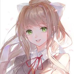 Rule 34 | 1girl, brown hair, brown jacket, chinese commentary, collared shirt, commentary request, doki doki literature club, falling petals, green eyes, hair ribbon, jacket, long hair, looking at viewer, maccha (mochancc), monika (doki doki literature club), neck ribbon, orange vest, petals, ponytail, portrait, red ribbon, ribbon, rose petals, shirt, simple background, smile, solo, vest, white background, white ribbon, white shirt