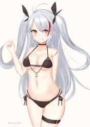 Rule 34 | 1girl, :q, absurdres, ahoge, anchor, anchor symbol, antenna hair, arm behind back, artist name, azur lane, bikini, black ribbon, blush, breasts, choker, cleavage, collarbone, cowboy shot, flag print, floating hair, german flag, german flag bikini, hair between eyes, hair ribbon, highres, large breasts, long hair, looking at viewer, multicolored hair, navel, orange eyes, prinz eugen (azur lane), prinz eugen (unfading smile) (azur lane), ribbon, side-tie bikini bottom, silver hair, simple background, solo, standing, swimsuit, thigh strap, tongue, tongue out, two-tone hair, two side up, underboob, very long hair, white background