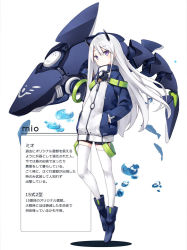 Rule 34 | 1girl, air bubble, blue footwear, blue jacket, boots, bubble, character name, character profile, fish, hands in pockets, headgear, jacket, long hair, looking at viewer, non-humanoid robot, original, poco (asahi age), purple eyes, robot, robot animal, robot fish, shark, shorts, silver hair, solo, standing, thighhighs, translation request, white background, white thighhighs