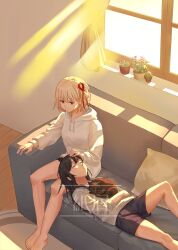 Rule 34 | 2girls, absurdres, arm rest, bare legs, barefoot, black hair, black shorts, blonde hair, brown cat, cactus, cat, closed eyes, closed mouth, couch, curtains, day, drawstring, flower, from above, hair ribbon, hand on own stomach, headpat, highres, hood, hood down, hoodie, indoors, inoue takina, knee up, lap pillow, light rays, long hair, long sleeves, looking at another, lycoris recoil, lying, multiple girls, nishikigi chisato, on back, pillow, plant, potted plant, r bishh, red eyes, red ribbon, ribbon, shirt, short hair, shorts, sidelocks, sitting, sleeping animal, smile, sunlight, watermark, white hoodie, white shirt, window, yuri