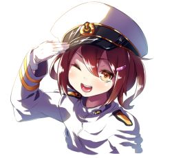 Rule 34 | 1girl, admiral (kancolle), admiral (kancolle) (cosplay), amatelas, bad id, bad pixiv id, brown eyes, brown hair, combat s-ko, cosplay, fang, gloves, hair ornament, hairclip, hat, ikazuchi (kancolle), kantai collection, looking at viewer, military, military uniform, naval uniform, one eye closed, open mouth, salute, short hair, solo, uniform