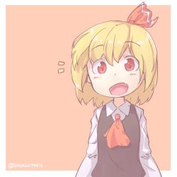 Rule 34 | 1girl, absurdres, ascot, blonde hair, bow, fang, hair bow, highres, looking at viewer, open mouth, red bow, red eyes, ribbon, rumia, shirt, short hair, simple background, solo, suama unagi, touhou, vest, white shirt