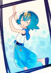 Rule 34 | 1girl, ^ ^, arms up, bare arms, bare shoulders, black one-piece swimsuit, blue footwear, blue hair, blue pants, blue sailor collar, closed eyes, creatures (company), eyebrows, facing away, fingernails, flat chest, game freak, hairband, highres, lana (pokemon), leg up, nintendo, one-piece swimsuit, open mouth, pants, pokemon, pokemon sm, reiesu (reis), ribbon-trimmed clothes, ribbon-trimmed pants, ribbon trim, sailor collar, sandals, shirt, short hair, sleeveless, sleeveless shirt, solo, standing, standing on one leg, swimsuit, swimsuit under clothes, teeth, trial captain, white shirt, yellow hairband, z-crystal, z-move