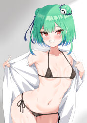 Rule 34 | 1girl, absurdres, ashiru, bikini, black bikini, blush, breasts, breath, collarbone, covered erect nipples, cowboy shot, dot nose, double bun, embarrassed, eyebrows, eyelashes, female focus, gradient background, green hair, grey background, grin, hair bun, highres, hololive, hololive fantasy, leaning forward, long sleeves, looking at viewer, medium hair, navel, navel piercing, nervous, nervous smile, open clothes, open shirt, petite, piercing, red eyes, shirt, side-tie bikini bottom, sidelocks, simple background, small breasts, smile, solo, standing, swimsuit, teeth, two-tone background, uruha rushia, virtual youtuber, white background, white shirt