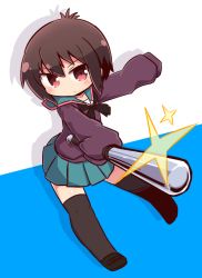 Rule 34 | 1girl, a channel, baseball bat, black bow, black footwear, blue background, blush, bow, brown hair, brown sweater, brown thighhighs, closed mouth, collarbone, commentary request, full body, glint, green sailor collar, green skirt, hair between eyes, head tilt, holding, holding baseball bat, ichii tooru, long sleeves, looking at viewer, metal baseball bat, naga u, outstretched arm, pleated skirt, red eyes, sailor collar, school uniform, serafuku, shadow, shoes, skirt, sleeves past fingers, sleeves past wrists, solo, sweater, thighhighs, two-tone background, v-shaped eyebrows, white background