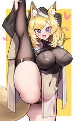 Rule 34 | 1girl, :d, animal ear fluff, animal ears, arknights, arms up, black thighhighs, blonde hair, blue eyes, blush, breasts, bright pupils, cameltoe, commentary request, covered navel, cowboy shot, cropped, ditienan ddn, female pubic hair, garrison cap, groin, hat, heart, horse girl, impossible clothes, large breasts, long hair, looking at viewer, open mouth, outside border, pelvic curtain, pubic hair, simple background, smile, solo, split, standing, standing on one leg, standing split, tail, thighhighs, tsurime, two-tone background, whislash (arknights), white pupils