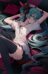 Rule 34 | 1girl, aqua eyes, aqua hair, arms up, black ribbon, black skirt, black thighhighs, bracelet, checkered blanket, collarbone, commentary, dress, feather hair ornament, feathers, hair ornament, hair ribbon, hatsune miku, highres, holding, holding petal, jewelry, knees up, lace, lace-trimmed dress, lace trim, long hair, looking at viewer, lying, miniskirt, neck ribbon, on back, one eye covered, parted lips, petals, red feathers, ribbon, short sleeves, skirt, solo, supreme (module), thighhighs, twintails, very long hair, vocaloid, white dress, world is mine (vocaloid), zhong chai