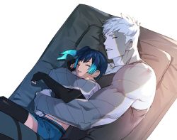 Rule 34 | 1boy, 1girl, bed, biceps, blue hair, closed mouth, couple, elbow gloves, fingerless gloves, gloves, hug, hug from behind, lanz (xenoblade), metal skin, parted lips, ren you (iiinununu), sena (xenoblade), short shorts, shorts, side ponytail, sleeping, spooning, tank top, thighhighs, white hair, xenoblade chronicles (series), xenoblade chronicles 3