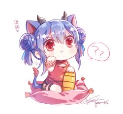 Rule 34 | 1girl, ?, ??, animal ears, arknights, black shorts, blue hair, blush stickers, cat ears, ch&#039;en (ageless afterglow) (arknights), ch&#039;en (arknights), chibi, china dress, chinese clothes, double bun, dragon horns, dragon tail, dress, hair between eyes, hair bun, horns, keluy, long hair, official alternate costume, red dress, red eyes, shorts, signature, sitting, sleeveless, solo, tail, wariza, white background