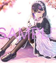 Rule 34 | 1girl, apron, black footwear, black hair, black thighhighs, blurry, blurry foreground, branch, commentary request, depth of field, flower, frilled apron, frills, garter straps, hair flower, hair ornament, hairclip, hand up, juliet sleeves, kinom (sculpturesky), knees up, loafers, long sleeves, looking at viewer, maid, maid apron, maid headdress, multicolored hair, original, parted lips, petals, pink flower, puffy sleeves, purple eyes, purple flower, purple hair, sample watermark, shoes, sitting, solo, thighhighs, two-tone hair, watermark, white apron