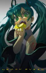 Rule 34 | 1girl, absurdres, black sleeves, commentary, detached sleeves, eating, english commentary, english text, flat chest, food, food bite, fruit, green eyes, green hair, hair between eyes, hatsune miku, highres, holding, holding food, holding fruit, lemon, long hair, looking at viewer, open mouth, reflection, shoulder tattoo, solo, tattoo, topdylan, very long hair, vocaloid
