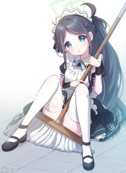 Rule 34 | 1girl, absurdly long hair, apron, aris (blue archive), aris (maid) (blue archive), black dress, black footwear, black hair, black wristband, blue archive, blue eyes, blue hair, breasts, broom, dark blue hair, dress, frilled apron, frills, gradient hair, halo, highres, holding, holding broom, long hair, looking at viewer, maid, maid apron, maid headdress, mary janes, multicolored hair, official alternate costume, open mouth, panties, puffy short sleeves, puffy sleeves, ringed eyes, shoes, short sleeves, sitting, small breasts, solo, thighhighs, underwear, very long hair, white apron, white panties, white thighhighs, yufukiri