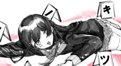 Rule 34 | 1girl, arm up, blazer, bow, bowtie, cardigan, chalk outline, character name, crime scene, empty eyes, evidence markers, greyscale, hair ornament, hair over one eye, hairclip, head back, highres, hime cut, jacket, long hair, looking at viewer, lying, minuma (nrp ga), monochrome, nijisanji, on ground, on stomach, pleated skirt, school uniform, skirt, solo, spot color, thighhighs, translated, tsukino mito, tsukino mito (1st costume), virtual youtuber, zettai ryouiki