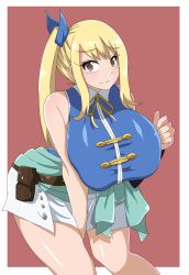 Rule 34 | 1girl, bare shoulders, belt, blonde hair, blush, breasts, brown eyes, fairy tail, highres, huge breasts, large breasts, long hair, looking at viewer, lucy heartfilia, pink background, pouch, senak012, side ponytail, simple background, skirt, sleeveless, smile, solo, thighs, white skirt
