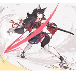 Rule 34 | 1girl, animal ear fluff, animal ears, black hair, black shirt, black skirt, chinese commentary, commentary request, crop top, detached sleeves, hakuya (white night), holding, holding sheath, holding sword, holding weapon, hololive, long hair, multicolored hair, neckerchief, ookami mio, ookami mio (1st costume), red hair, red neckerchief, sheath, shirt, skirt, slashing, solo, streaked hair, sword, tail, tail around own leg, thighhighs, two-tone hair, virtual youtuber, weapon, white thighhighs, wolf ears, wolf girl, wolf tail, yellow eyes