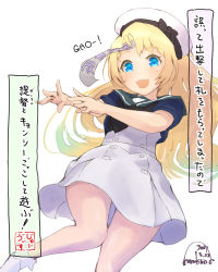 Rule 34 | 1girl, blonde hair, blue eyes, blue sailor collar, commentary request, dress, fangs, gloves, hat, highres, jervis (kancolle), kantai collection, long hair, mmk, ofuda, one-hour drawing challenge, open mouth, sailor collar, sailor dress, sailor hat, short sleeves, simple background, solo, translation request, white background, white dress, white gloves, white hat