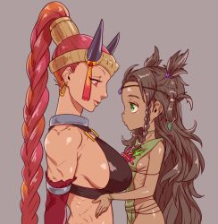 Rule 34 | 2girls, black hair, braid, breasts, character request, dark-skinned female, dark skin, earrings, face-to-face, female focus, green eyes, horns, jewelry, large breasts, long hair, messy hair, multiple girls, pink eyes, pink hair, ponytail, profile, ribs, rokkotsu, sideboob, size difference, small breasts, two side up, very long hair, yuba no shirushi