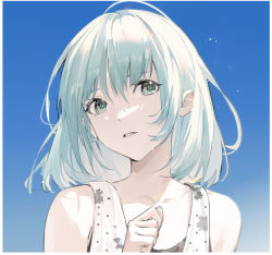 Rule 34 | 1girl, aqua hair, aqua pupils, bare shoulders, blue background, border, collarbone, crying, crying with eyes open, fingernails, grey eyes, hair between eyes, original, parted lips, short hair, solo, tears, upper body, white border, yeyuanqianqianqian